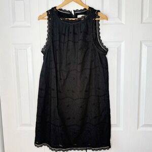 LOFT Black Eyelet Lace Trim Shift Dress Sleeveless Scallop Mini Women's Size 12